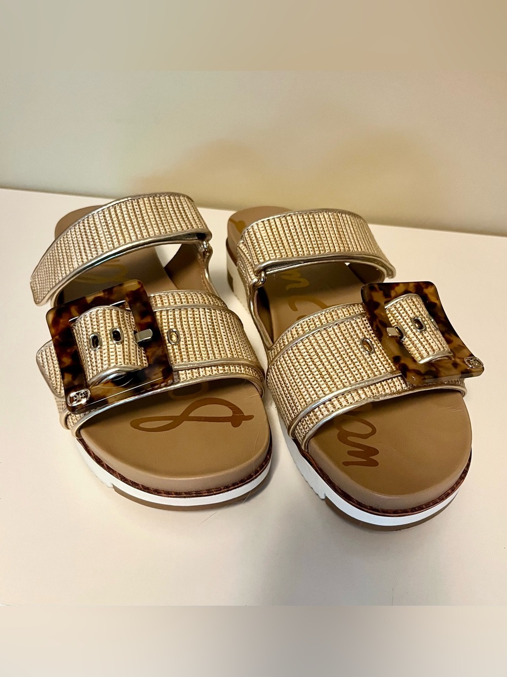 Sam Edelman Adrianna Gold Raffia Slides with Tortoiseshell Buckles - Picture 4 of 5